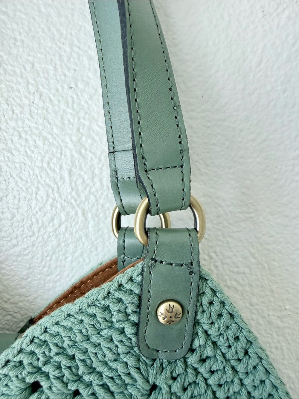 Patricia Nash Marti Diamond Crochet Shoulder Bag Sage Green Cotton | Leather - Picture 7 of 14